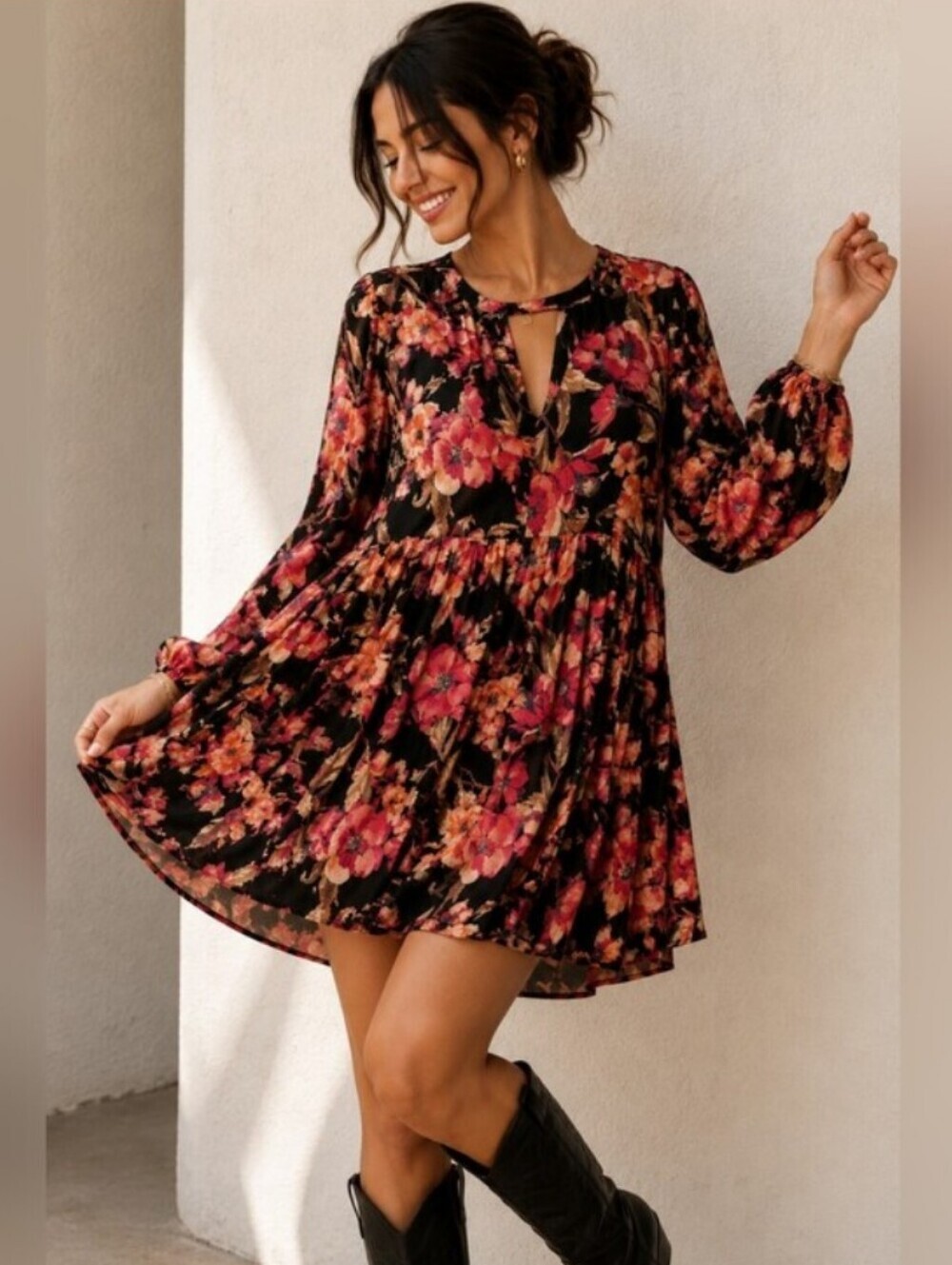 Free People Black Red Boho Tegan Floral Long-Sleeve Dress Summer Size 4